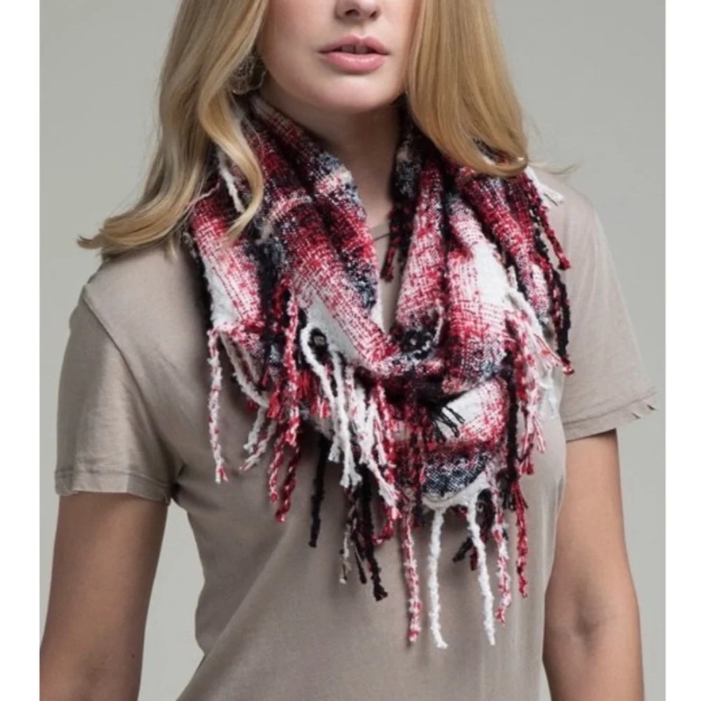 SOLD OUT Red & Navy Plaid Infinity Soft Long Tassel Scarf - Picture 1 of 3
